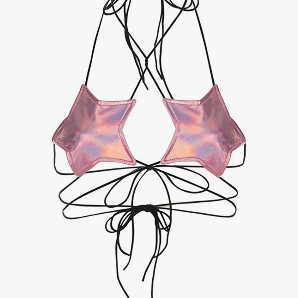 Cosmic pink Star barbie bikini reflective crop top tie wrap bow rave festival